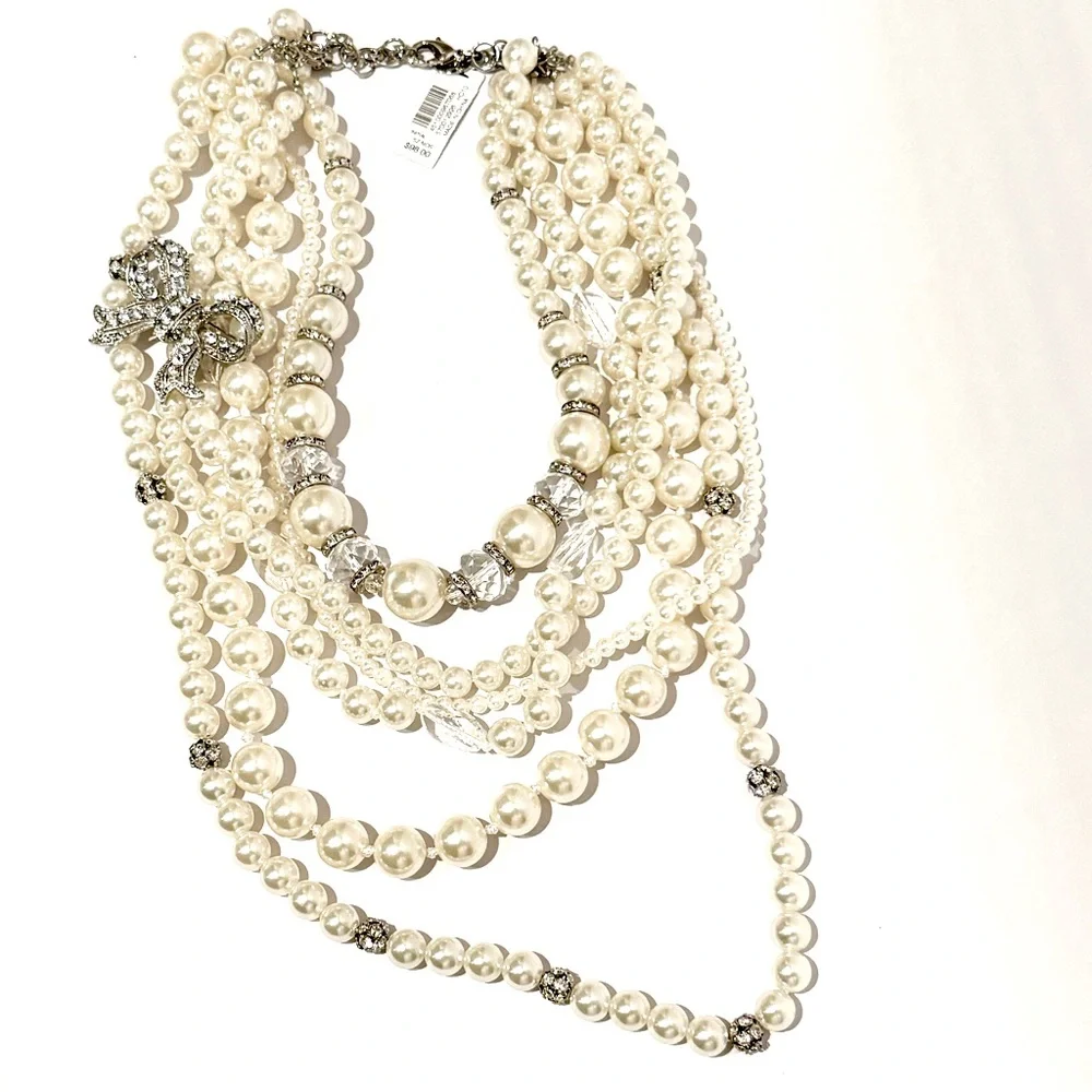 WHITE HOUSE BLACK MARKET | NWT | Pearl Statement Necklace w Silver Bow Brooch - Picture 8 of 8